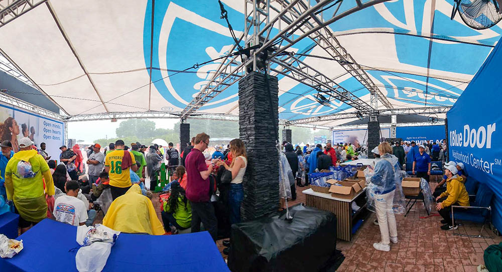 Fans take shelter in the pop-up Blue Door Neighborhood Center